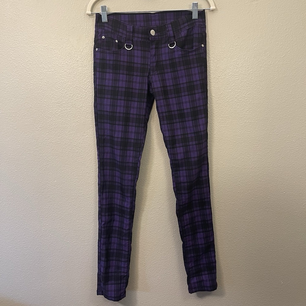 Banned Apparel Goth Punk Rock Plaid Pants Purple Black Stretch Grunge Emo Size S